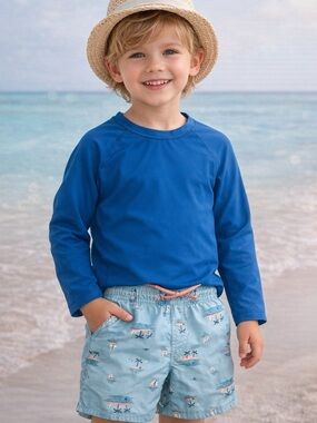 Boys size 4 Swim Set Toddler 2PC Blue Long Sleeve Swim Trunks Beach Outfit